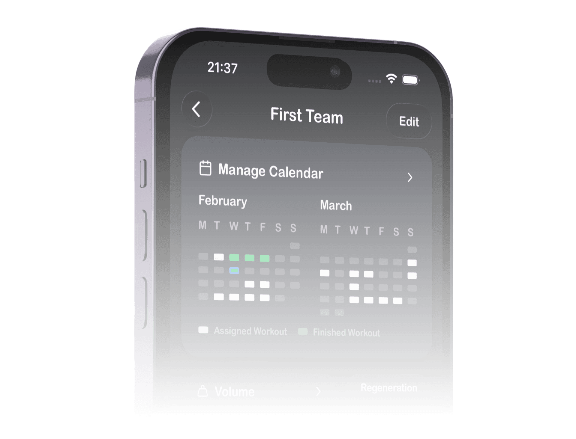 EliteBuilder mobile app showing workout tracking and team analytics